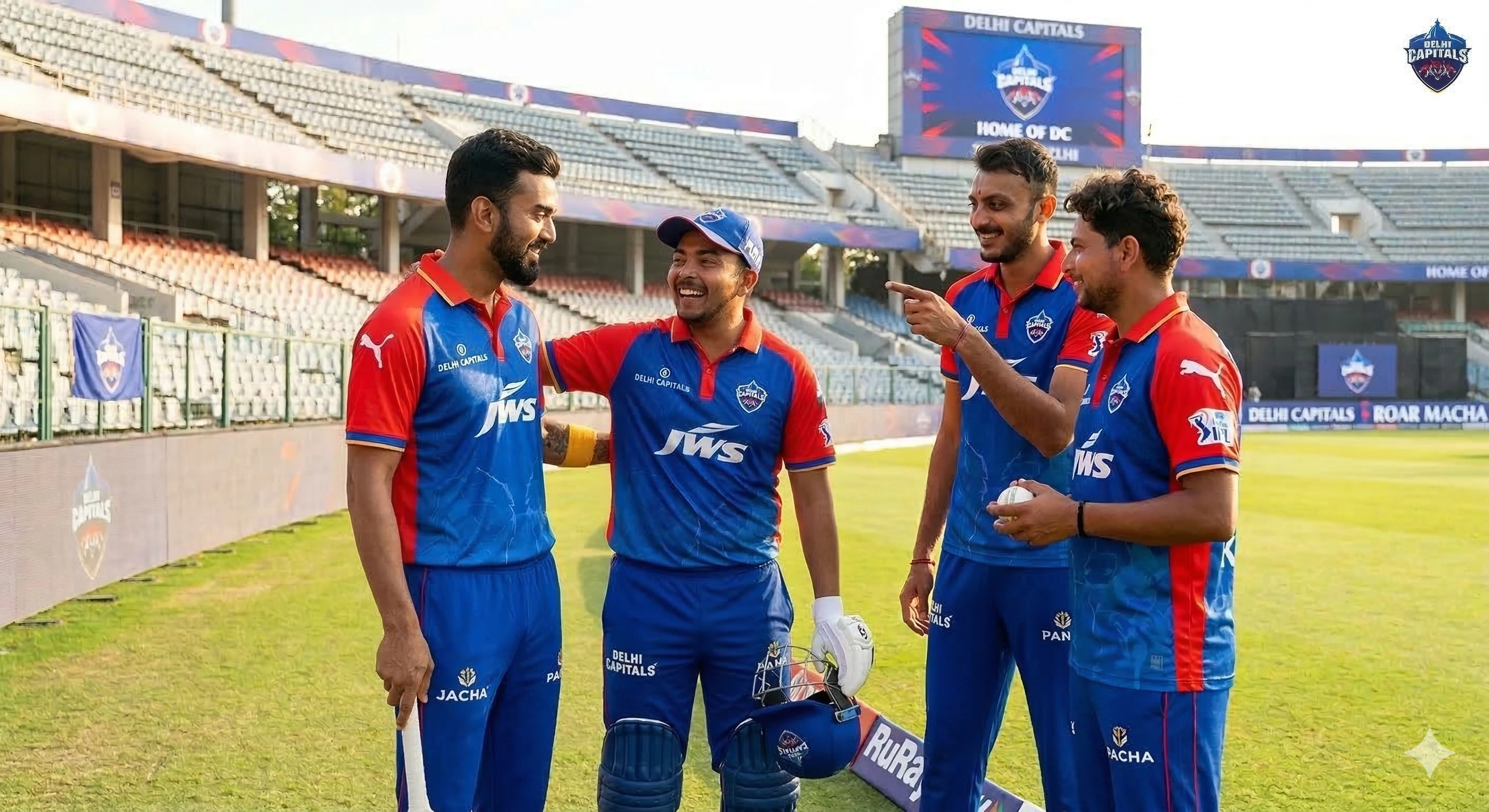 KL Rahul and Prithvi Shaw in the Delhi Capitals (DC) jersey at the Arun Jaitley Stadium, representing the team's new opening pair and leadership core for IPL 2026.