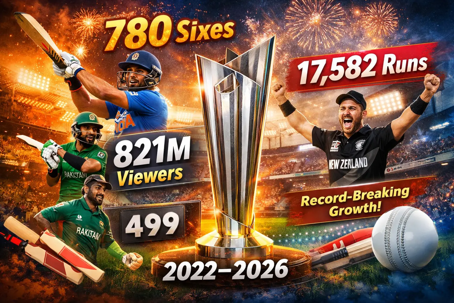 Infographic showing the evolution of the ICC Men's T20 World Cup from 2022 to 2026 highlighting 780 sixes, 17,582 runs and 821 million peak viewers