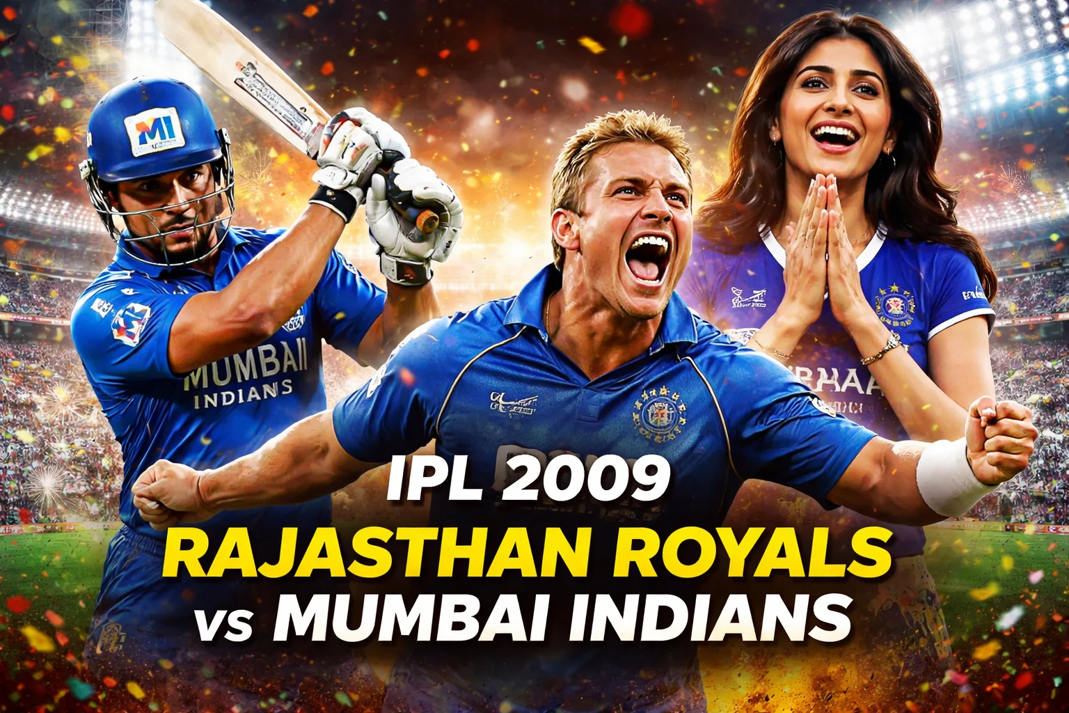IPL 2009 Rajasthan Royals vs Mumbai Indians match in Durban featuring Sachin Tendulkar, Shane Warne and Shilpa Shetty during the dramatic last-over thriller.