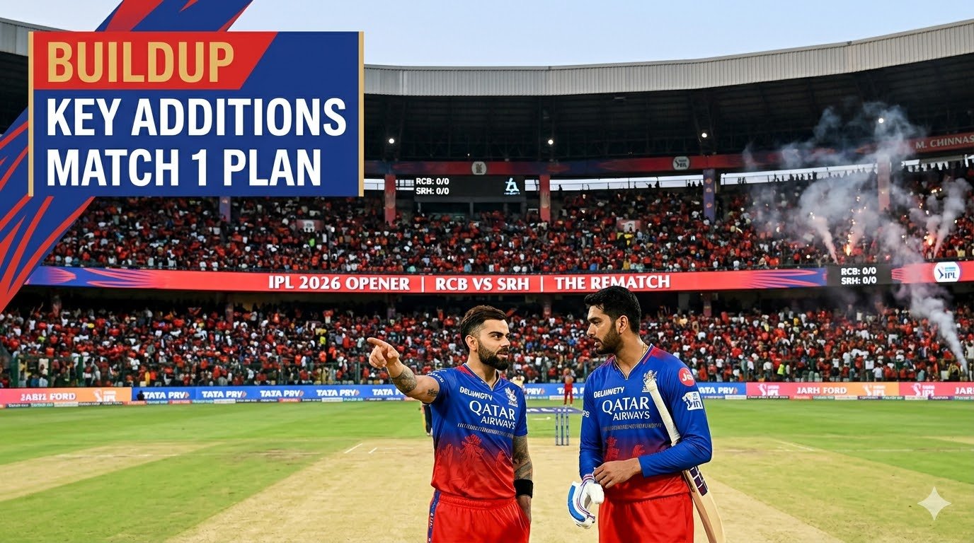 This realistic BoundaryPerBakwas cover focuses on the strategic buildup. It highlights the "rematch" narrative of the 2016 final as RCB hosts Sunrisers Hyderabad. The image features Virat Kohli in discussion with key auction signing Venkatesh Iyer, emphasizing the "Match 1 Plan" and the impact of "Key Additions."