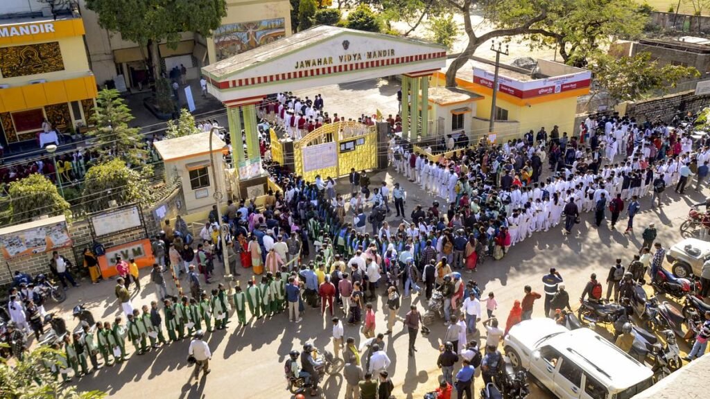 Students standing in queues outside a CBSE exam center in Ranchi, ready to appear for the Class 10 and 12 board exams 2025.